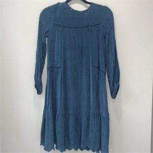 Zara Girls Dress With Swiss Embroidery Mid Green Blue eyelet long sleeve 11/12y